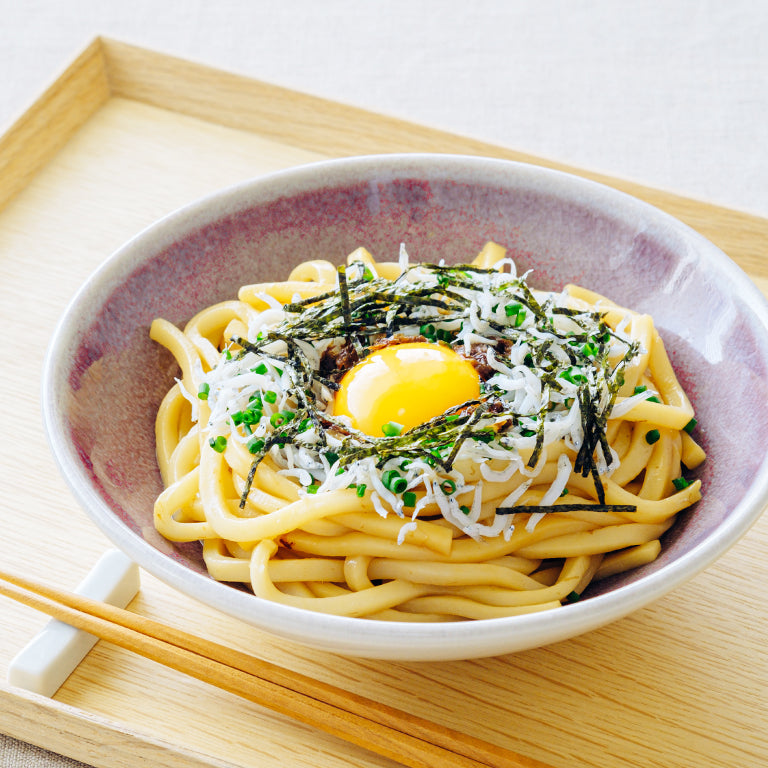 しらすの釜玉うどん＿坂元のくろず＿鹿児島の黒酢